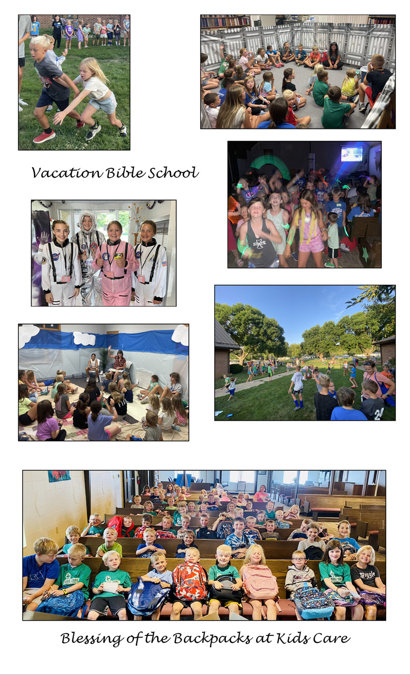 photos of children having fun at Vacation Bible School and with their backpacks at a blessing