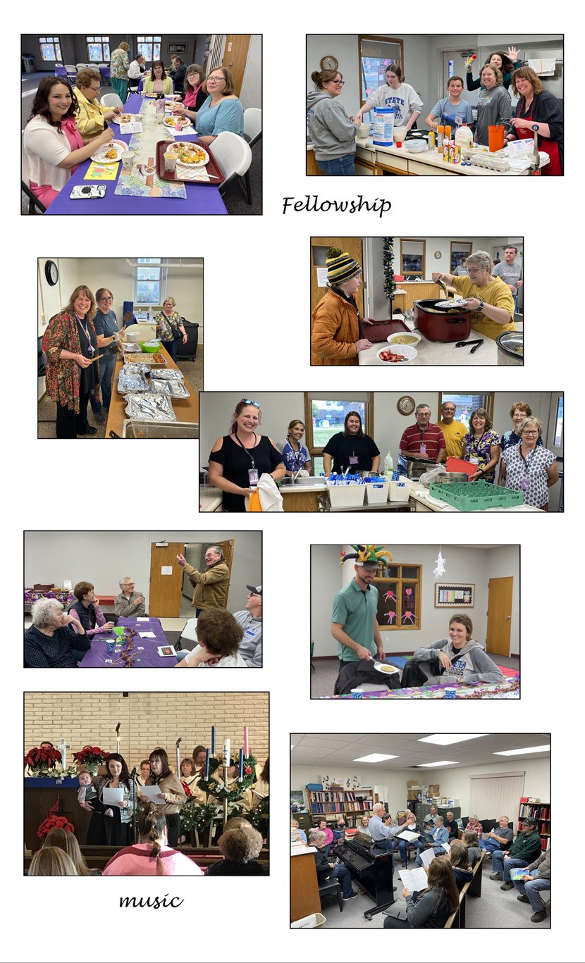 photos of the church in fellowship, serving food and eating together; photos of singing at worship and in rehearsal