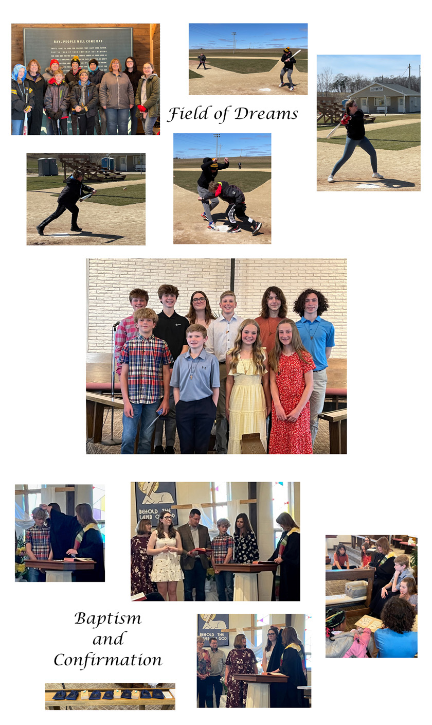 picture collection showing field trip to "Field of Dreams" and images of baptism and confirmation ceremony.