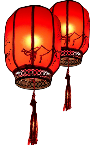 a pair of floating,  glowing orange lanterns