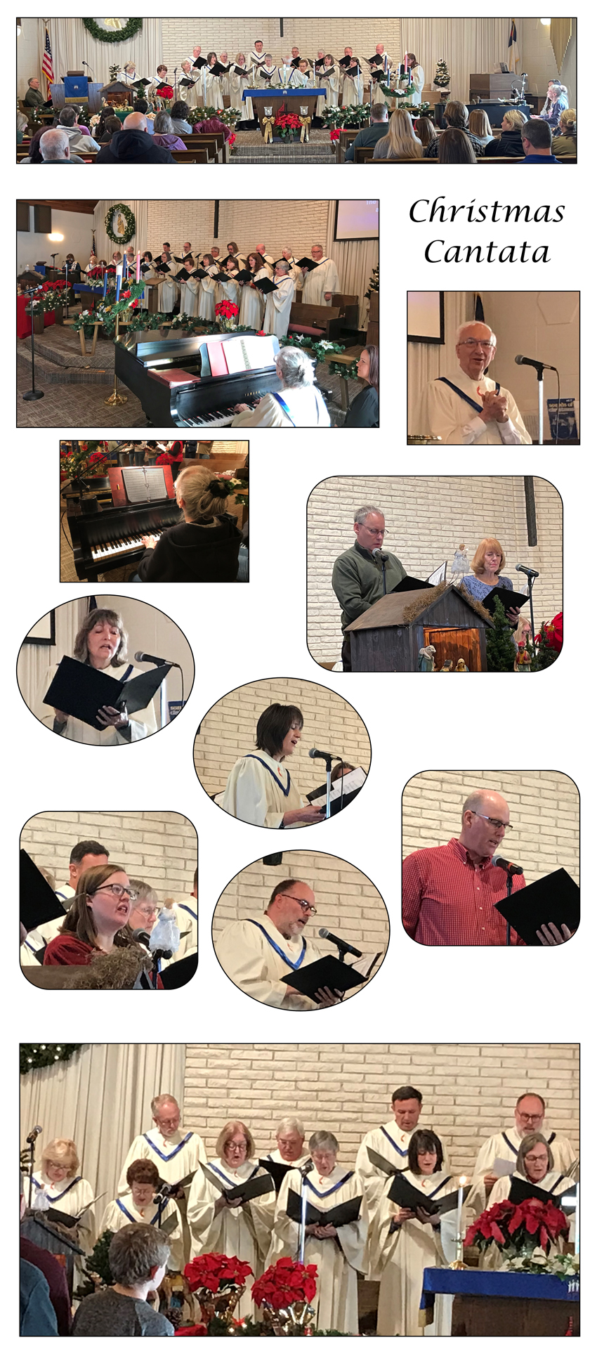 Images of choir, soloists, director, and pianist at the cantata performance