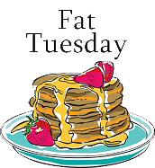 Fat Tuesday - 
stack of pancakes with syrup and strawberries