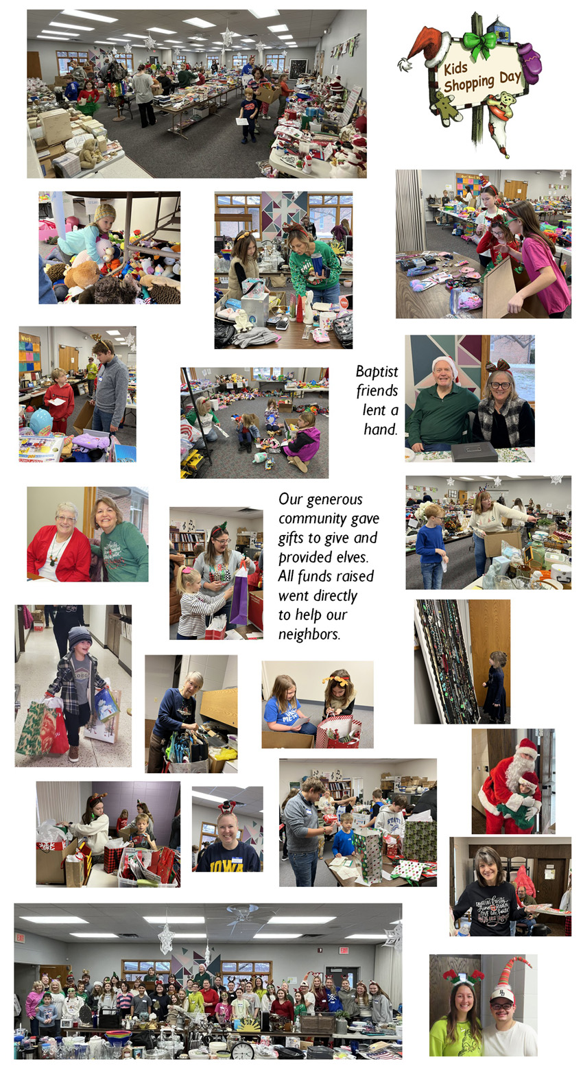Kids' Shopping Day. Elves help kids shop. Gifts are wrapped so they stay a surprise. 
          Parents wait outside. Van Meter Methodists and Baptists partner on this project.