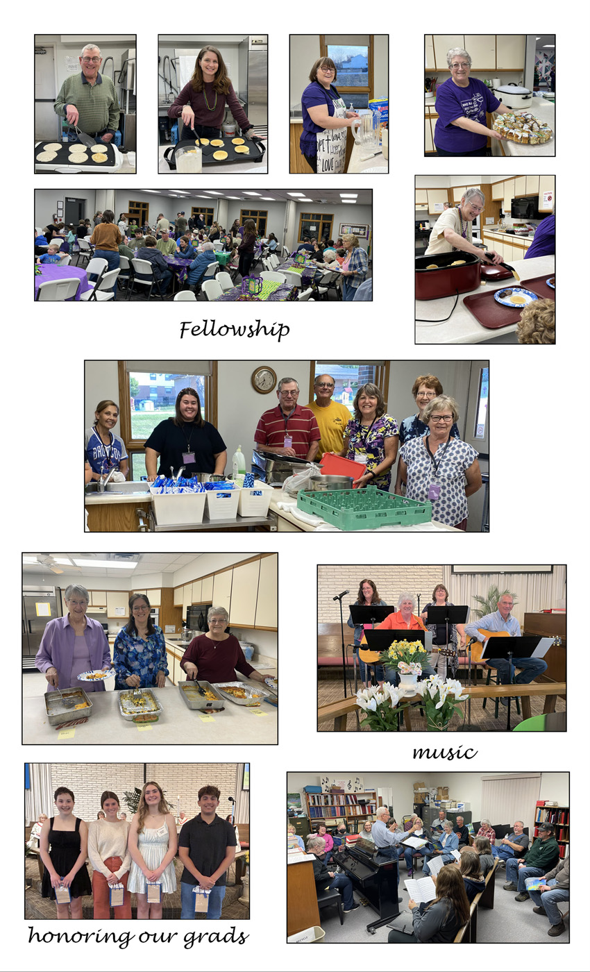 photos of the church in fellowship, serving food and eating together; photos of singing at worship and in rehearsal